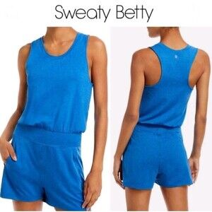 Sweaty Betty Gary Blue Sleeveless Shorts Romper Sz L Athleisure Travel Sporty